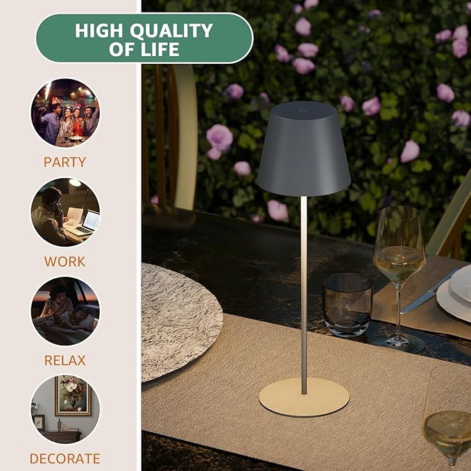 uuffoo 1 Pack Cordless Rechargeable Table Lamps, 5200mAh Battery Powered Outdoor Table Lamps with 3 Colors Stepless Dimming, Desk Night Light for Restaurant, Patio, Bedroom, Bar (Gray)