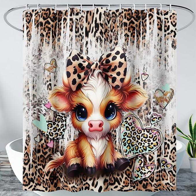 AILONEN Cartoon Yak Shower Curtain Set, Kids Leopard Print Love Yak Waterproof Fabric Shower Curtain for Bathroom Decor,Bow Tie Yak Cloth Bath Curtain Set with Plastic Hooks,60" Wx72 H