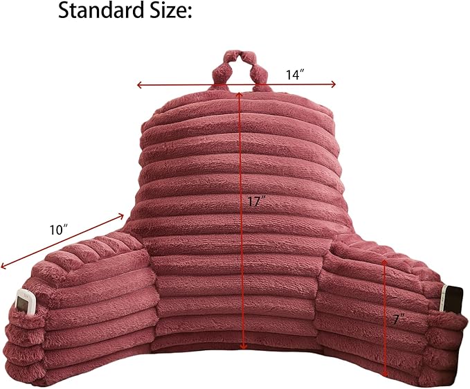 WERDIM Reading Pillow for Sitting in Bed, Faux Fur Back Pillow for Bed Rest, Bed Chair Pillow with Arms and Pockets(Standard, Dusty Rose)
