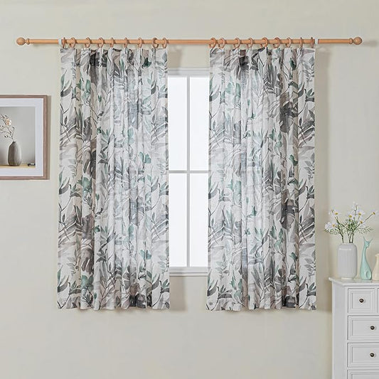 MYSKY HOME Pinch Pleated Floral Linen Curtains 63 Inches Long for Living Room - Light Filtering, Privacy Protect Printed Drape Window Treatments 2 Panel, Brown and Natural