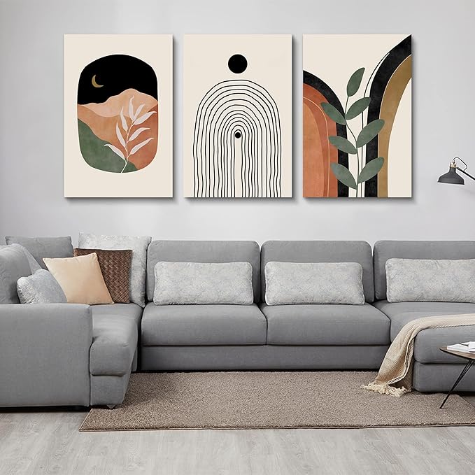Boho Wall Art Set of 3, Mid Century Modern Canvas Wall Painting, Neutral Abstract Geometric Prints for Bedroom, Bathroom, Living Room, Office