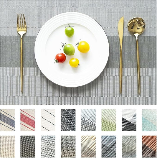Placemats Set of 6 Vinyl/Plastic Woven Place Mats for Kitchen Table Indoor/Outdoor Washable Placemat Wipeable Dining Table Mats (Ombre Grey Brown,6)