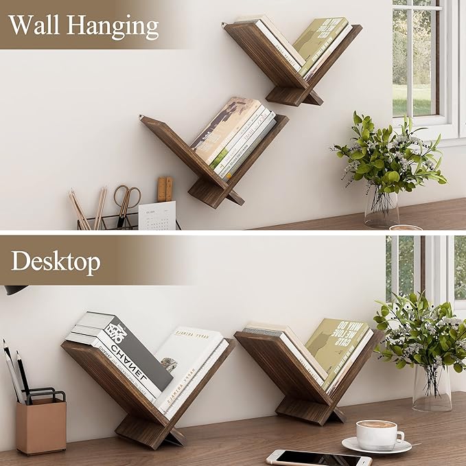 Afuly Floating Shelves for Wall, Funky Wall Mount Bookshelves Small Natural Wood Bookshelf Hanging Storage Organizer Modern Home Decor for Living Room Bedroom Study Tabletop, Set of 2 Brown