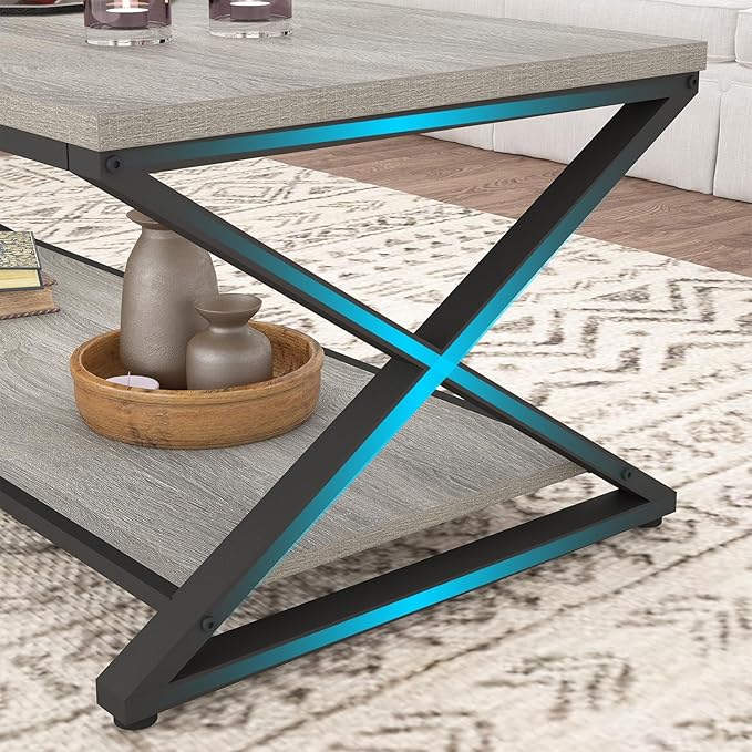 HSH Rustic Grey Coffee Table, Modern Minimalist Living Room Table with Storage Shelf, Industrial Simple Metal Wooden Center Table, 2 Tier Rectangle Cocktail Tea for Home Office Bedroom, 39 Inch