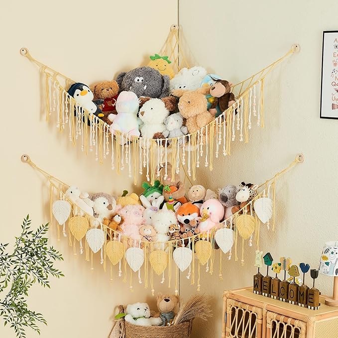Pretty Jolly Stuffed Animal Storage Hammock with Wooden Beads Corner Hanging Net Boho Tassel for Toy Plush Holder for Kid Room Nursery Decor Wall Display Organizer for Girls Boy Gift(Yellow)