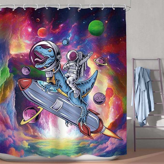 LGhtyro Funny Dinosaur Shower Curtain Bathroom Set 60Wx71H Inches Astronaut Dino Kids Boys Men Cool Universe Planet Galaxy Space Bath Accessories Colorful Cartoon Art Home Decor Fabric 12 Pack Hooks