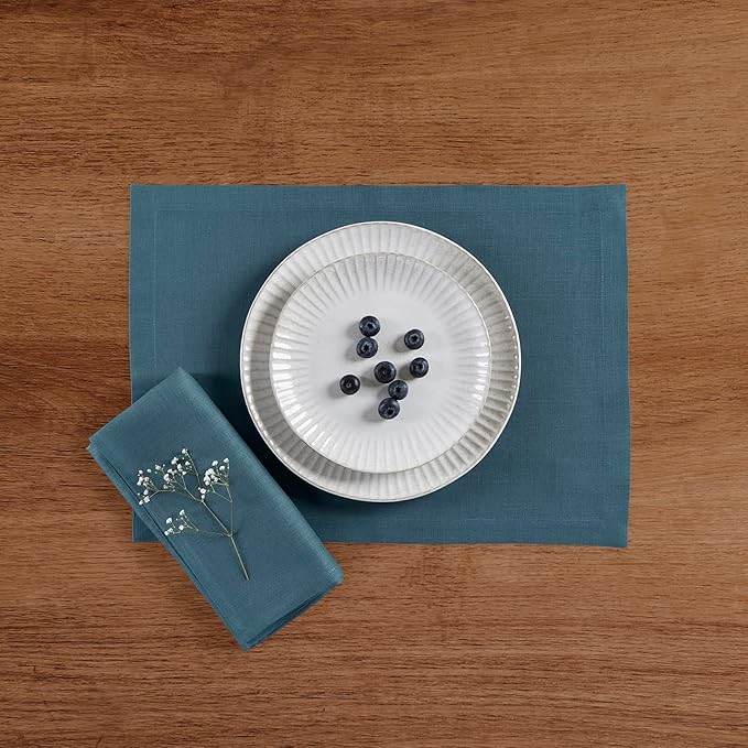 Solino Home Linen Cloth Placemats Set of 4-100% Pure Linen Peacock Blue Placemats 14 x 19 Inch for Summer - Fete