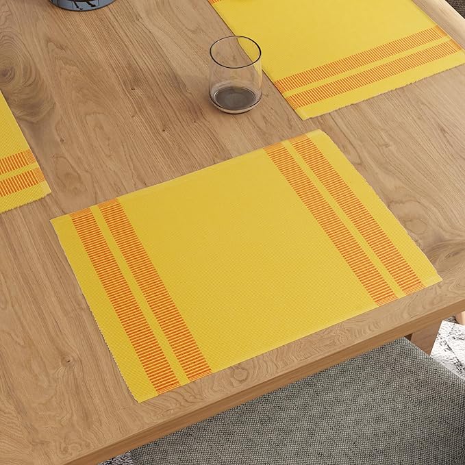 Encasa XO Dining Placemat Set of 6 | Ladder Lemon Color | Fine Ribbed Cotton Table mat | Size 18x13 in | Machine Washable