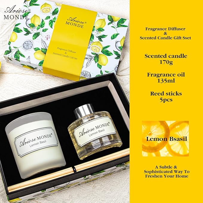 Reed Diffuser & Scented Candle Gift Set, Lemon Basil Oil Diffuser Sticks, Fragrance Diffuser & Soy Wax Candles in Glass Jar, Natural Soy Candles Gifts for Home Decor