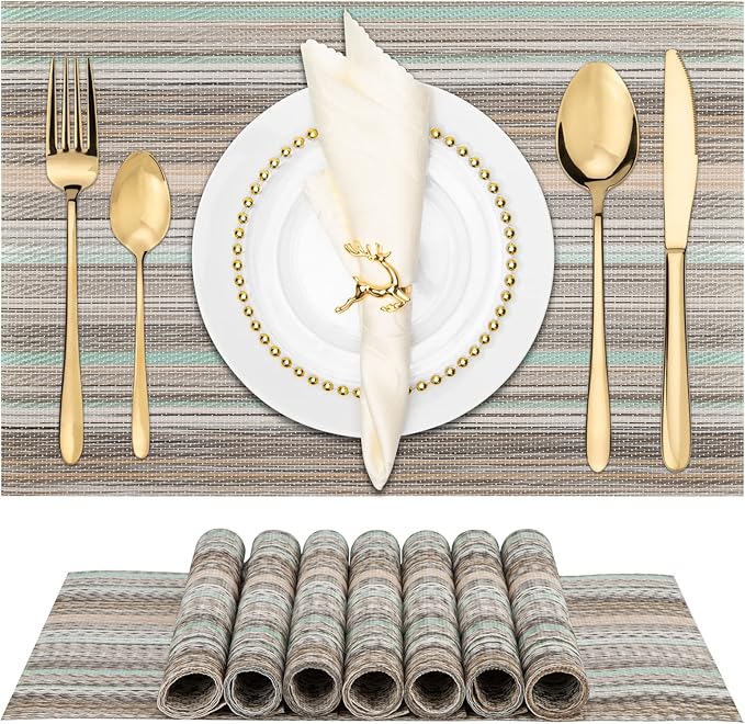 Winknowl Placemats, Washable Vinyl Woven Indoor and Outdoor Heat Stain and Water Resistant Elegant Table Mats for Dining Table Set of 8 (Teal Green)