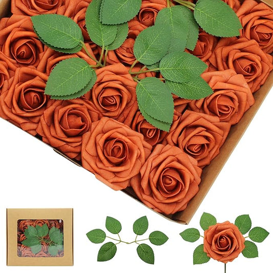 50PCS Artificial Flowers Burnt Orange Roses Real Looking Foam Fake Roses with Leaves and for DIY Wedding Bouquets Bridal Shower Centerpieces Party Decorations (Burnt Orange)
