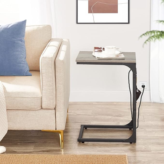 TUTOTAK C Shaped End Table with Charging Station, Side Table for Sofa, Couch Table with Storage Bag, Set of 2, TV Tray Table with 2 USB Ports and Outlets for Living Room, Bedroom, TB01BG0242