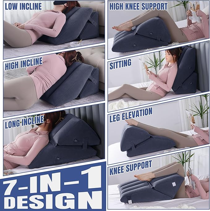 HOMBYS Adjustable Inflatable Bed Wedge Pillow for Sleeping, 7 in 1 Multi Use Back Pillow for Bed Sitting Up, 10 inch Elevated Support Pillow for Legs & Back, Portable for Travel-30"x22"x10", Blue
