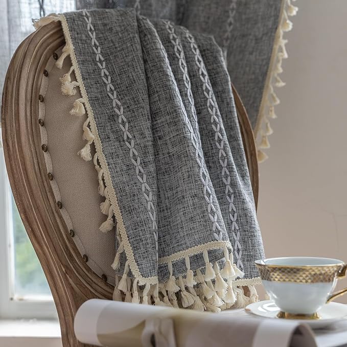 Sutuo Home Boho Curtain for Bedroom Living Room Kitchen, Semi Blackout Linen Farmhouse Shabby Chic Tassels Window Treatment Bohemian Embroidery Drape, Rod Pocket 1 Panel 52" W x 96" L, Black Grey