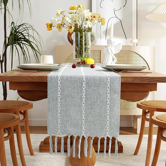 Rustic Farmhouse Style Linen Table Runner, Boho Handmade Tassel Embroidery Table Runners 60 Inches Long for Holiday Party, Dresser and Dining Decorations, 13 inchW X 60 inchL - Light Grey