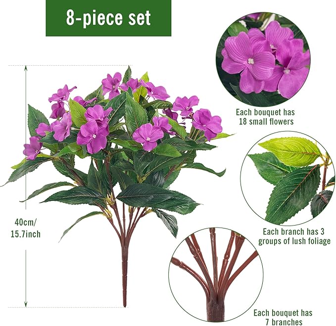 15.7”Spring Decorations for Home Flowers Fake Plants Fake Flowers Artificial Impatiens Bouquet Flowers for Outdoors Silk Faux Flowers Impatiens Plants Decor Indoor Planters 8PCS (Purple)