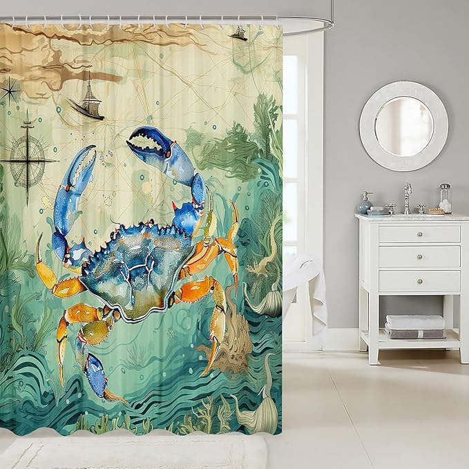 Feelyou Crab Print Shower Curtain 72"x78" Kids Sailboat Printed Bathroom Shower Curtain Set for Boys Girls Teens Ocean Themed Bath Curtain Marine Life Sealife Bathroom Accessories