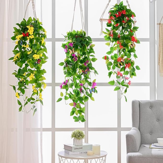 BLEUM CADE Artificial Hanging Flowers for Outdoors, 4pcs Fake Hanging Plants Pothos Vines with Purple Flowers for Wall Home Living Room Indoor Outdoor Decor (No Baskets)