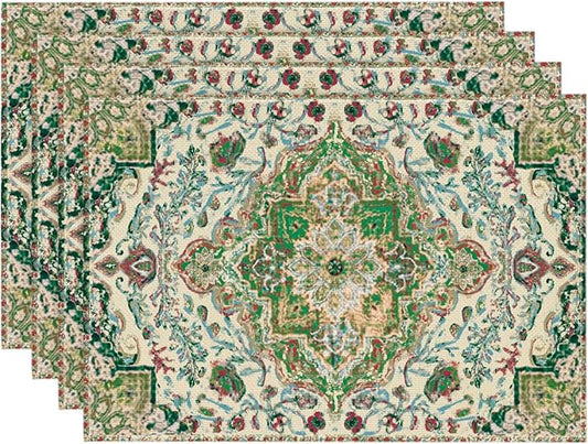 Artoid Mode Boho Placemats Set of 4, Daily Green Floral Bohemian Fall Table Mats for Home Party Dining Decoration 12x18 Inch