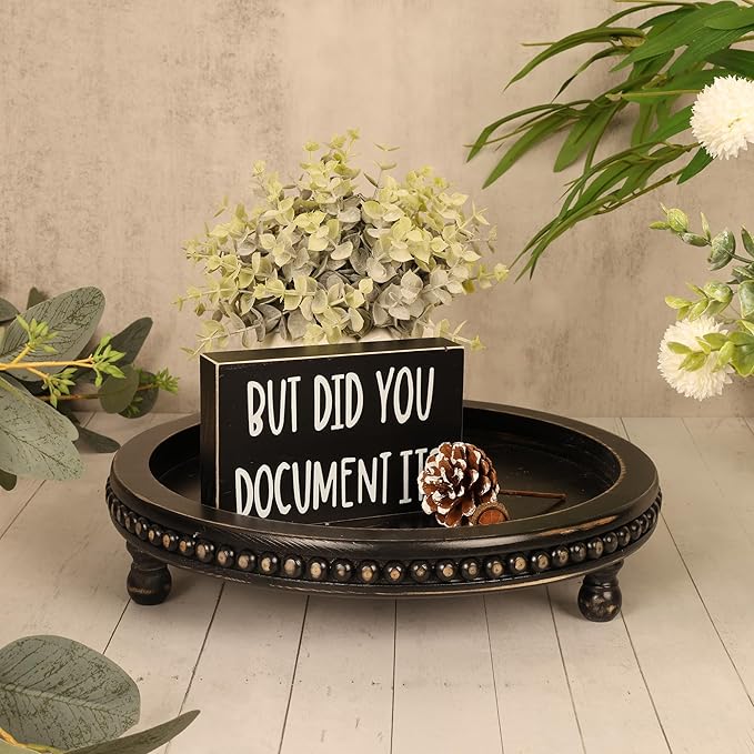 Wooden Tray for Home Decor, Round Wood Beaded Tray, Decorative Tray for Living Room Decor Coffee Table Decor Kitchen Table Decor or Farmhouse Decor Serving Tray (Black)