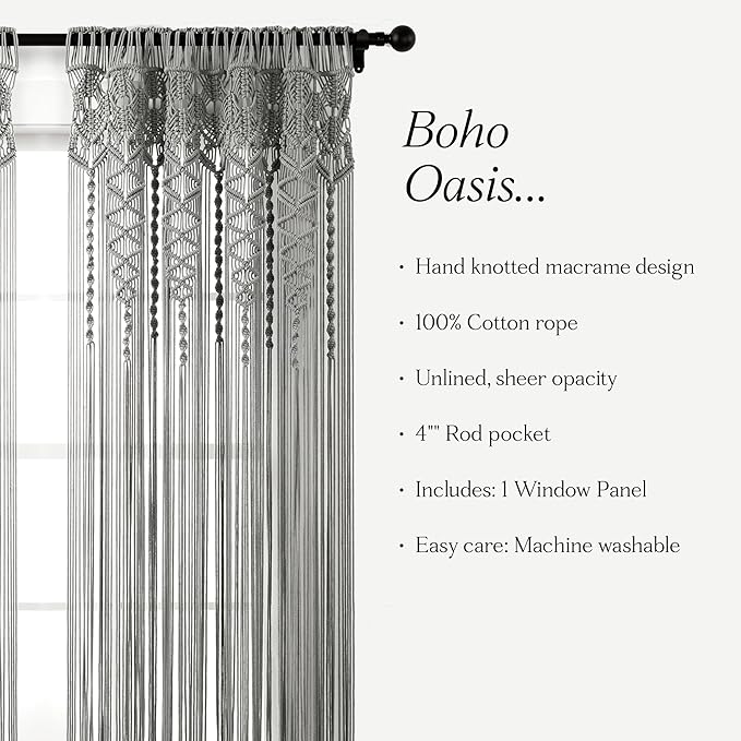 Lush Decor Boho, Textured Macrame Cotton Window Curtain Panel, 40" W x 84" L, Gray Wine Wall Decor, Room Divider