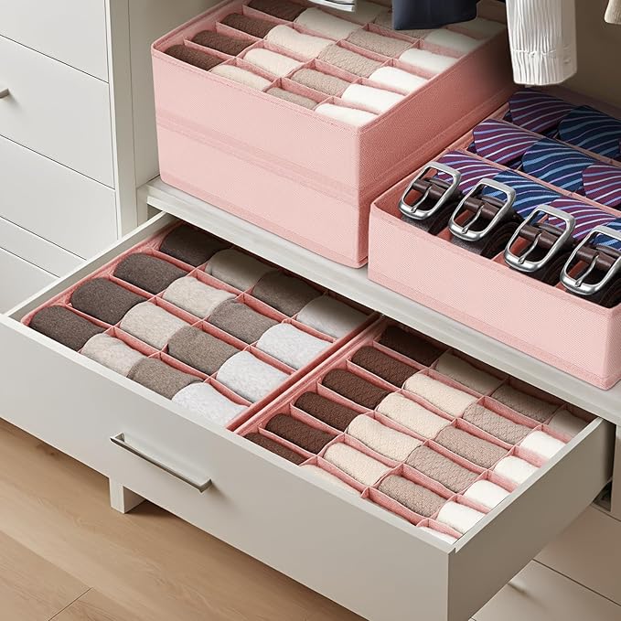 Joyoldelf Sock Drawer Organizer Divider 4 Packs Underwear Organizer, 2 x 24 Cell + 2 x 16 Cell Closet Organizers and Storage Sock Holders for Storing Socks, Handkerchiefs, Ties, Belts (Pink)