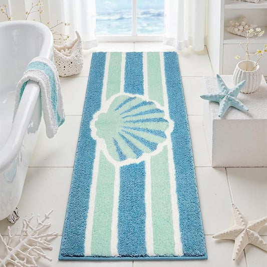 Blue Beach Long Bathroom Rugs Runner Non Slip Washable Cute Coastal Bath Mats Rugs for Bathroom Floor Nautical Fluffy Plush Soft Absorbent Farmhouse Carpet for Shower, Tub, 20x47 inch