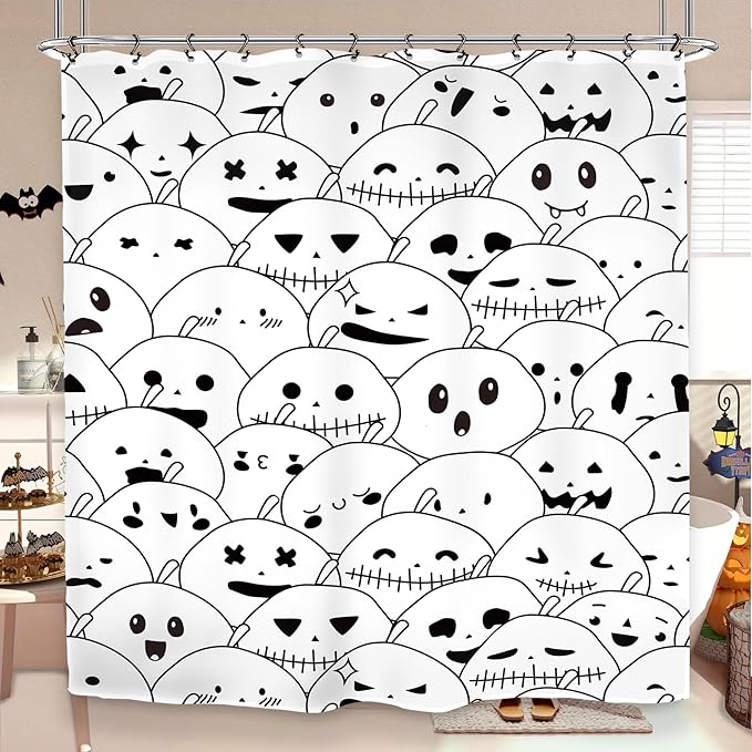 Halloween Pumpkin Ghost Kids Shower Curtain 60Wx72L Inch Horror Scary Spooky Black White Cartoon Lovely Cute Bathroom Set Accessories Decor with 12 Pack Hooks