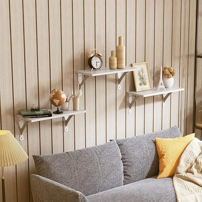 Wood Floating Shelves Set of 3, Wide Display Shelf Wall Mounted with Brackets, Easy Hanging Floating Shelves for Bedroom, Kitchen, Living Room, Bathroom (White)
