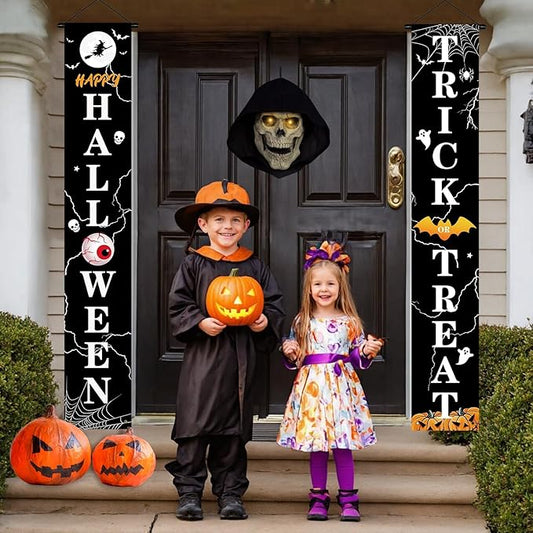 Halloween Door Decorations Outdoor Trick or Treat Banners Halloween Hanging Welcome Signs for Front Porch Yard Garland Garden Party Supplies Indoor Witch Wall Decor