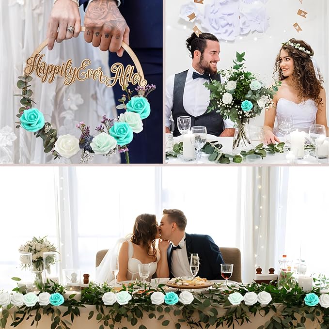 50PCS Artificial Flowers Green Series Roses Real Looking Foam Fake Roses with Leaves and for DIY Wedding Bouquets Bridal Shower Centerpieces Party Decorations (Green Series, 50)