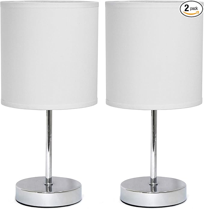 Simple Designs LT2007-WHT-2PK Chrome Mini Basic Table Lamp with Fabric Shade 2 Pack Set, White