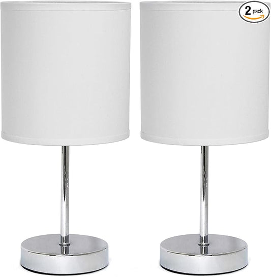 Simple Designs LT2007-WHT-2PK Chrome Mini Basic Table Lamp with Fabric Shade 2 Pack Set, White