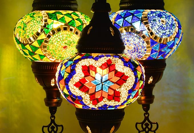 Mozaiist Anatolian Star Turkish Mosaic Glass Table Lamp, Metal Base, 3 Globe