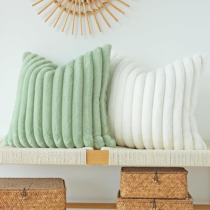 JOJUSIS Pack of 2 Faux Fur Plush Decorative Throw Pillow Covers Couch Cushion Case Soft Pillowcases (Sage Green, 24 x 24-Inch)