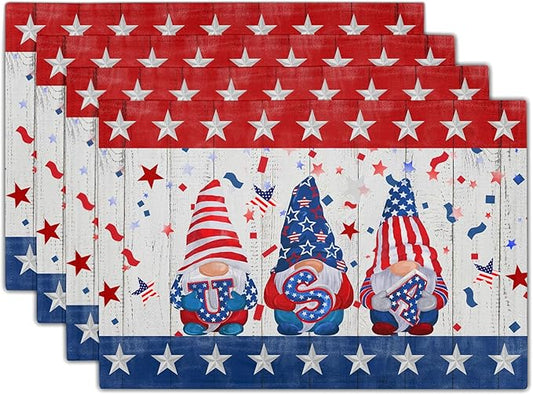 Giwawa Patriotic Gnomes Placemats 12x18inch 4th of July USA Elf American Stars Place Mat Set of 4 for Kitchen Dining Independence Day Heat Resistant Table Mats for Tabletop Holiday Decor