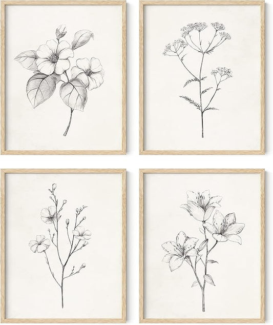 HAUS AND HUES Grey Floral Wall Art - Set of 4 Plant Posters for Wall Vintage, Botanical Prints, Black and White Flower Pictures for Room Aesthetic, Farmhouse Bathroom, Rustic Art (Beige Frame, 8x10)