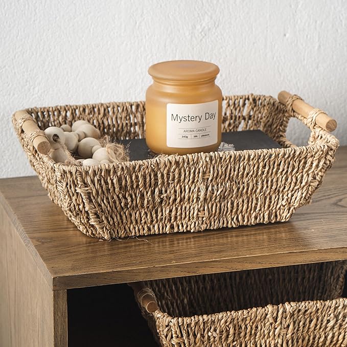 Artera Shallow Wicker Storage Basket - Medium Woven Seagrass Baskets with Wooden Handles for Bathroom, Kitchen Pantry Organizing, Perfect as Drawers, 15" x 10.6" x 5,3" (1, M)