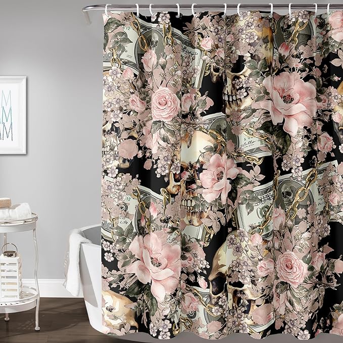 AILONEN Sugar Skull Shower Curtain for Bathroom,Romantic Rose Flower Bath Curtain for Girls Women,Money Skull Skeleton Print Waterproof Curtain with 12 Plastic Hooks, 60" W*72" H
