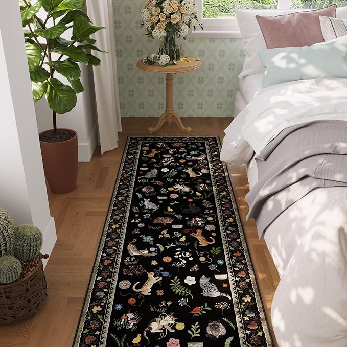 Runner Rug for Kitchen Non Slip 2'6''x8' Washable Rugs with Rubber Backing Soft Floral Animal Cat Carpet Runner for Kitchen Laundry Bedroom Bathroom, Black