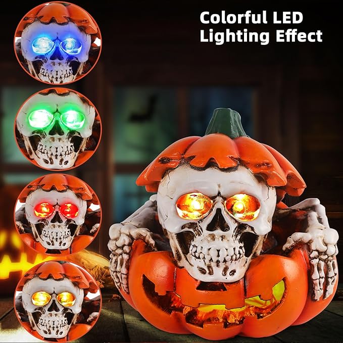 Halloween Skull Pumpkin Decor - Solar Powered Resin Skull & Pumpkin, Unique Garden Decor for Outside Yard Porch Lawn, Halloween Decorations Outdoor/Indoor