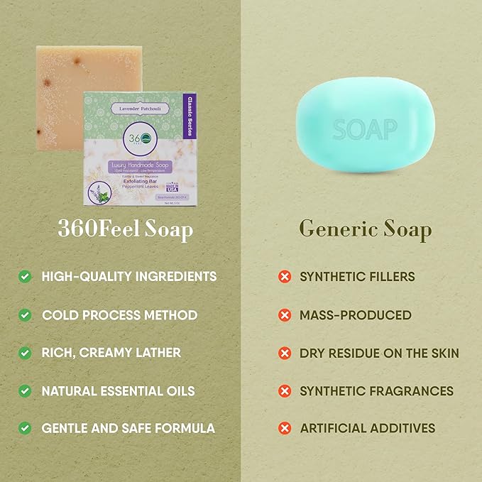 360Feel Lavender Patchouli Soap - Handcrafted Castile Soap Bar with Soothing Scent - Handmade with Essential Oil - Suitable Gift for Anniversaries, Weddings, and Holiday Stockings - Rich Lather