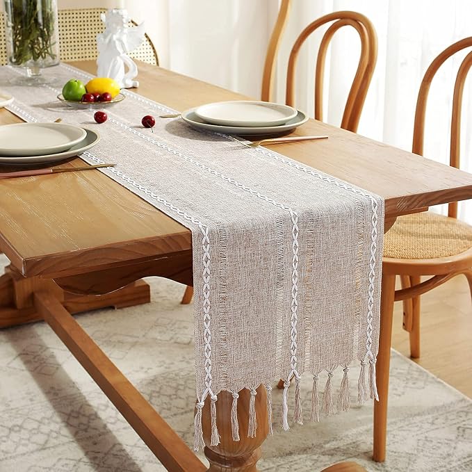Chassic Fall Rustic Farmhouse Style Linen Table Runner, Boho Handmade Tassel Table Runners 72 Inches Long for Holiday Party, Thanksgiving and Dining Decorations, 13 x 72 inch - Light Coffee