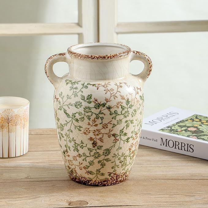 Enra Farmhouse Vintage vase with Handle,9.4 in Ceramic Chinoiserie Floral Vase,Green and Beige Decorative Flower vase,Large Rustic Vases for Home Decors, Living Room, Bookshelf, Office