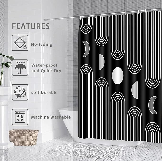 Boho Shower Curtains for Bathroom Mid Century Minimalist Abstract Aesthetic Modern Bathroom Decor Curtain Machine Washable Waterproof Fabric with 12 Hooks (Black Minimalist, 72" x 72")