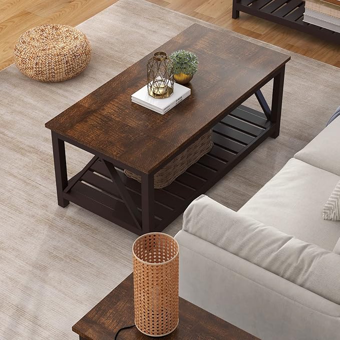 ChooChoo Farmhouse Coffee Table, Rustic Vintage Living Room Table with Shelf, 40 Espresso