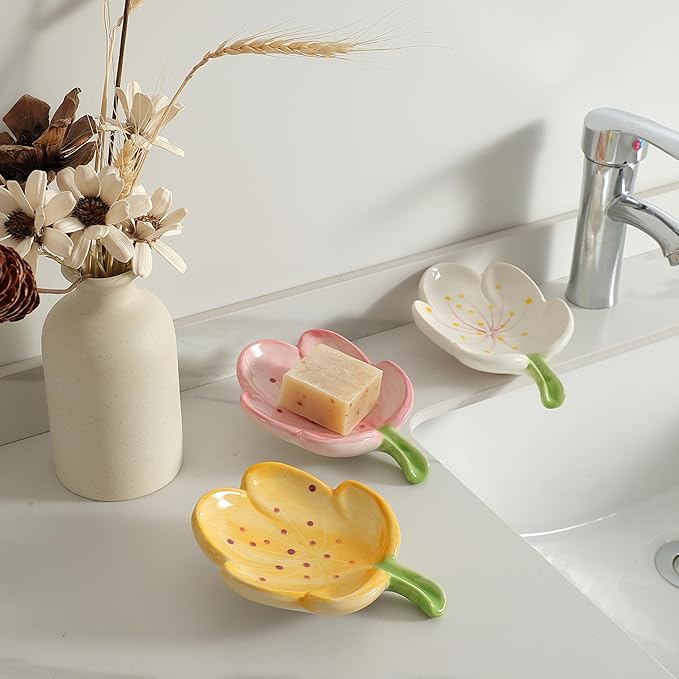 Ankah Decorative Ceramic Soap Box, Flower Shape Soap Dish, Self-Draining to Keep Dry Stop Mushy Soap Holder, Easy Cleaning, Best for Shower Bathroom and Kitchen (Tulip, Pink)