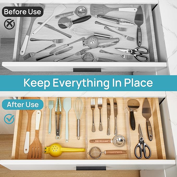 Vtopmart 8 Pack Shallow Drawer Dividers, 2.3" High 12.6"-21.2" Adjustable Expandable Kitchen Drawer Organizer, Clear Plastic Organizer Separators for Flatware, Utensil, Cutlery, Underwear, Clothes