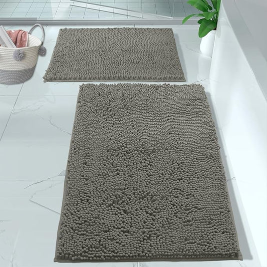 LuxUrux Bathroom Rugs 2 Piece Set-Extra-Soft Plush Bath mat Shower Bathroom Rugs,1" Chenille Microfiber Material, Super Absorbent (Standard Set, Warm Grey), 30" x 20" Plus 23" x 15"