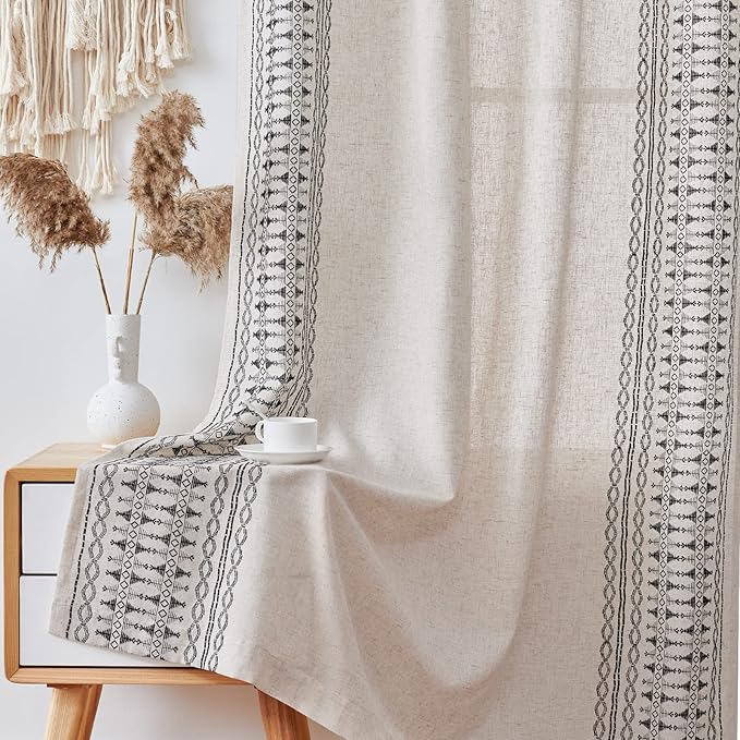 Lazzzy Black Boho Curtains for Bedroom Living Room Embroidered Window Curtains 96 Inch Length Light Filtering Drapes Grommet Window Treatment 2 Panels Black on Beige